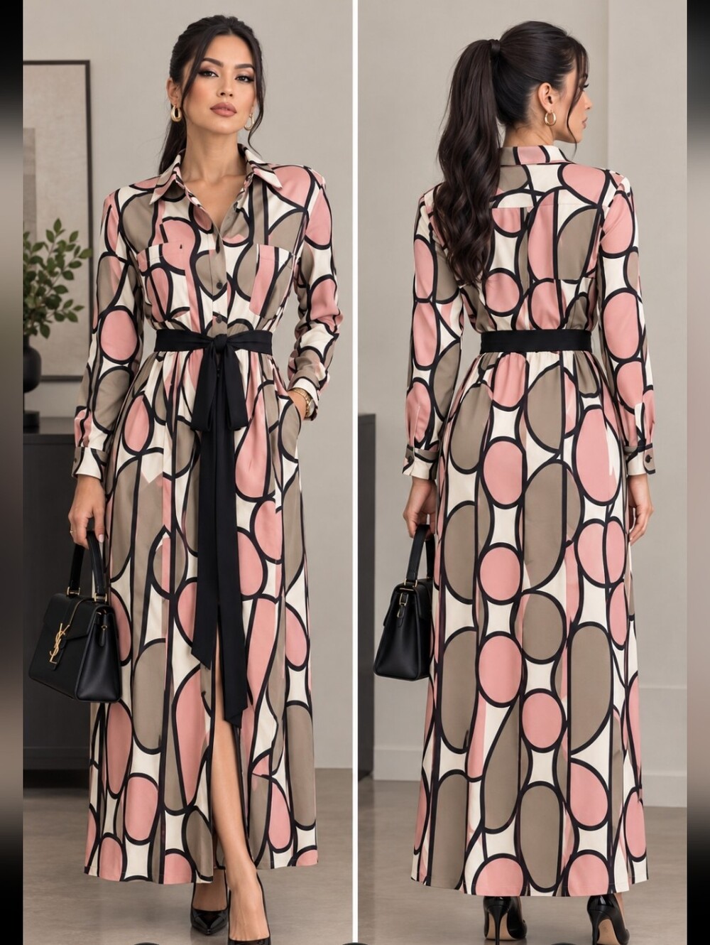 Diane Von Furstenberg Pink Taupe Geometric Maxi Shirt Dress Black Sash Large